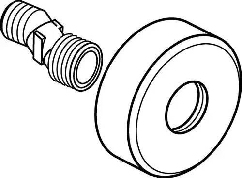Komponenten eines S-Anschlusses in strukturiertem Design, bestehend aus einem Gewindeanschluss und einer runden Platte. Ideal Standard Produkt.